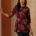 Maroon Printed Silk Blend Straight Short Kurti