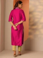 Pink Embellished Silk Blend Straight Kurta - Image 3