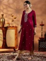 Maroon Embroidered Silk Straight Kurta - Image 2
