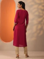 Pink Embroidered Silk Blend Straight Kurta - Image 3