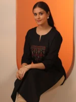 Black Embroidered Silk Blend Straight Kurta