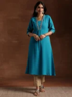 Blue Yoke Design Silk A-Line Kurta - Image 4