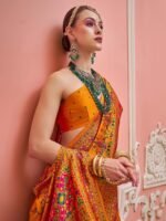 Womens Silk Blend Yellow Woven Design Saree with Unstitched Blouse - Image 2