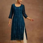 Teal Embroidered Chanderi Silk Straight Kurta